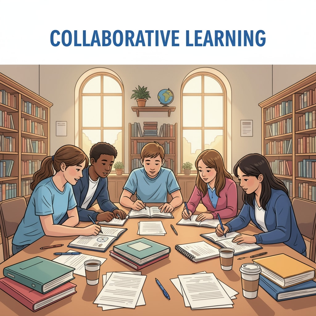 A group of high school students are sitting around a table in a library, studying together, with books and notebooks in front of them. High school students studying together using various study methods and academic skills