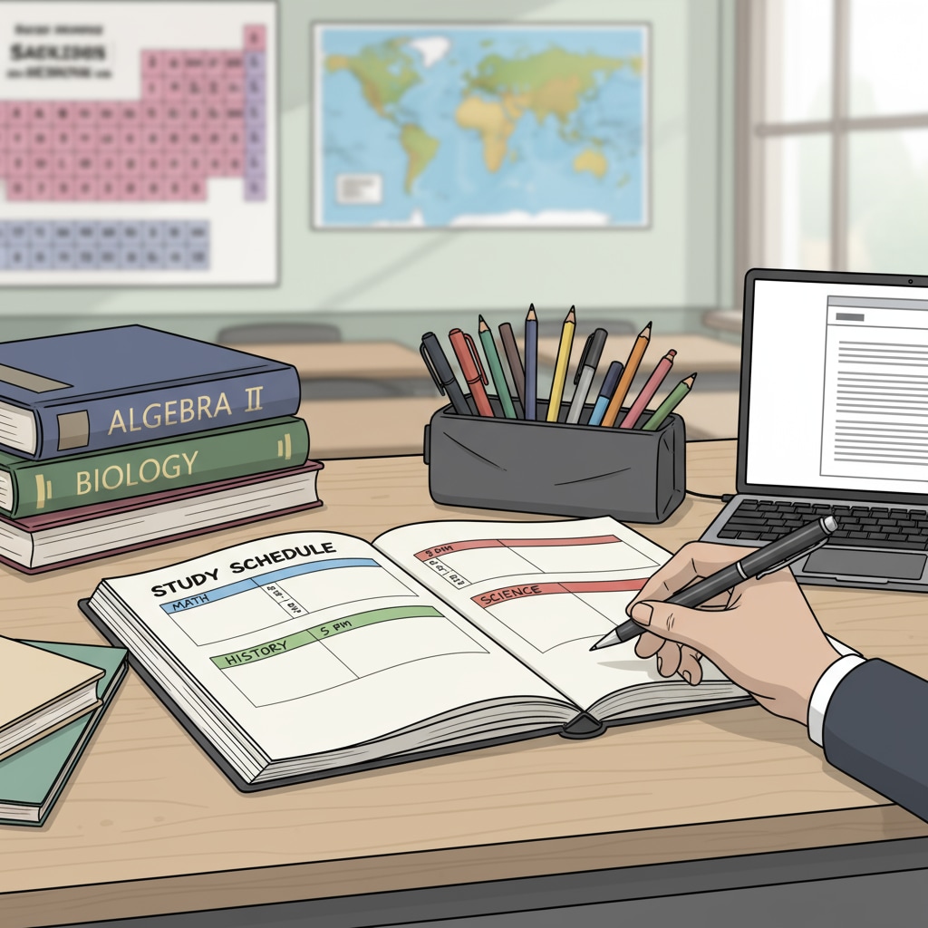 A student is sitting at a desk, using a planner to mark study times for different subjects, with pens and books beside. A high school student managing study time with a planner to improve academic skills