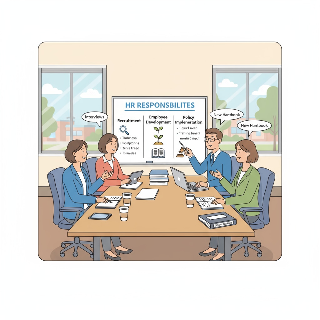A group of HR professionals in a school district office, engaged in a meeting to discuss various HR responsibilities like recruitment, employee development, and policy implementation. School district HR professionals discussing their responsibilities