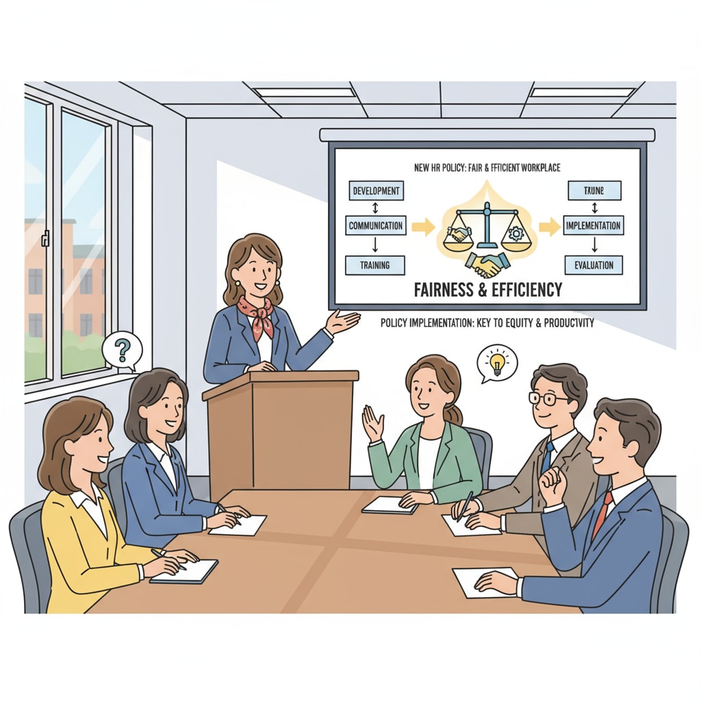A school district HR director is presenting a new HR policy to a group of staff members, highlighting the importance of policy implementation in maintaining a fair and efficient working environment. School district HR director presenting an HR policy