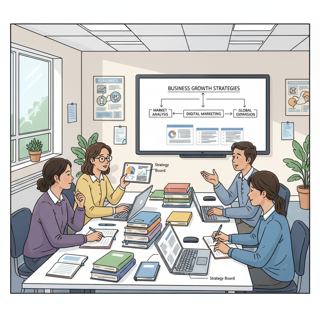 A group of students are engaged in a discussion about business strategies in a modern and well - equipped classroom. There are laptops, textbooks, and presentation materials on the tables. Business students discussing concepts in a classroom related to business courses, higher education, and career planning