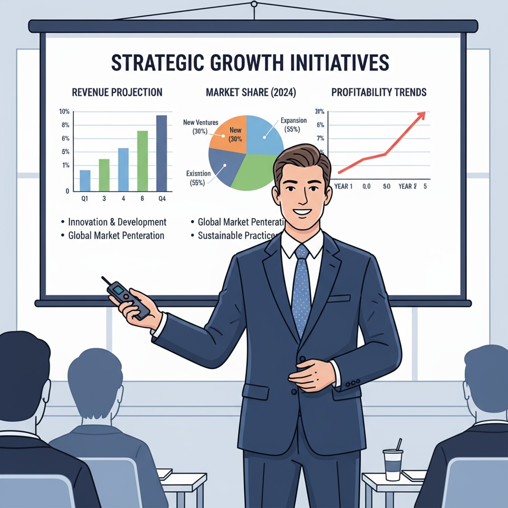 A professional is presenting a detailed business plan on a large projector screen. There are charts and graphs, but the focus is on the overall presentation and the person's body language. A person presenting a business plan relevant to business courses, higher education, and career planning