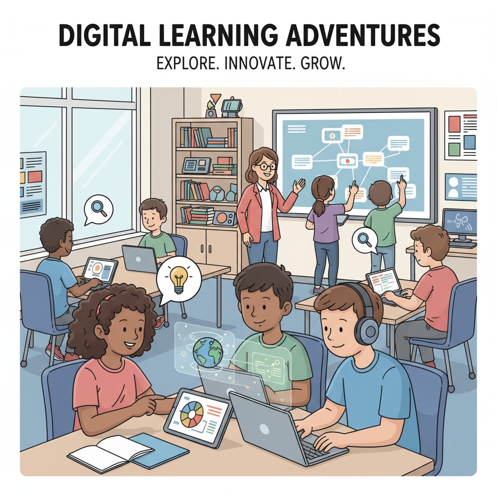 A classroom scene where students are using digital devices such as tablets and laptops to learn. Junior high school students learning with digital devices in the post-pandemic digital age