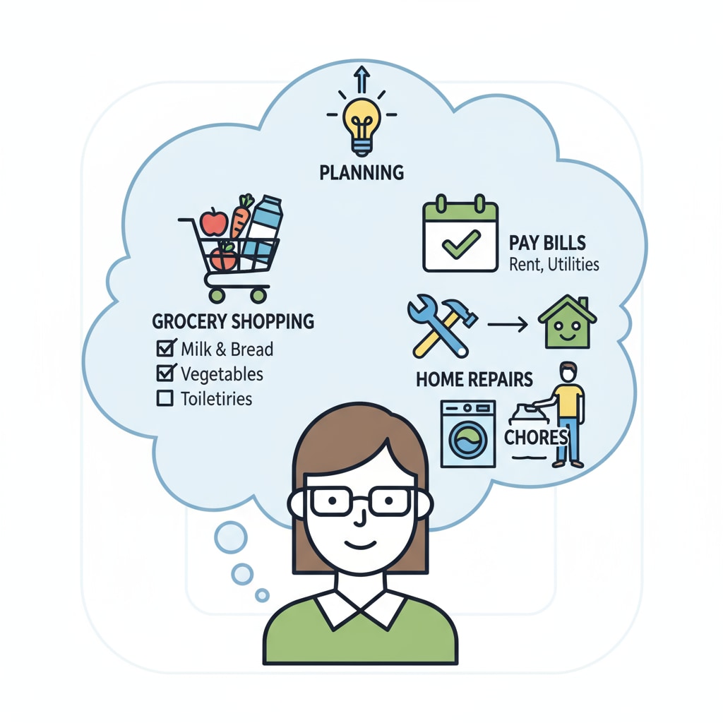 A picture of a person thinking about practical tasks like grocery shopping An image representing a character with limited education having practical thoughts