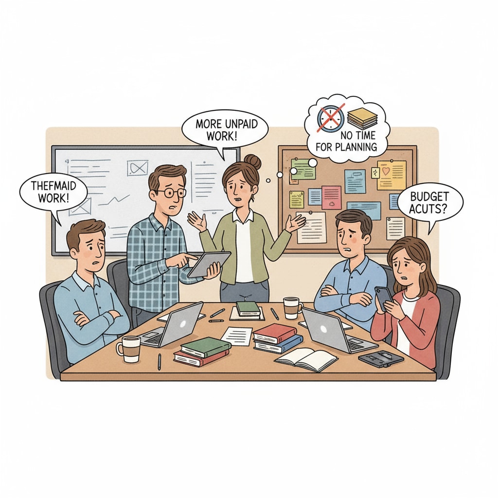 A group of K12 educators are sitting around a table in a staff room, looking concerned and discussing work-related problems, such as extra duties without compensation. K12 educators discussing workplace exploitation and career development issues