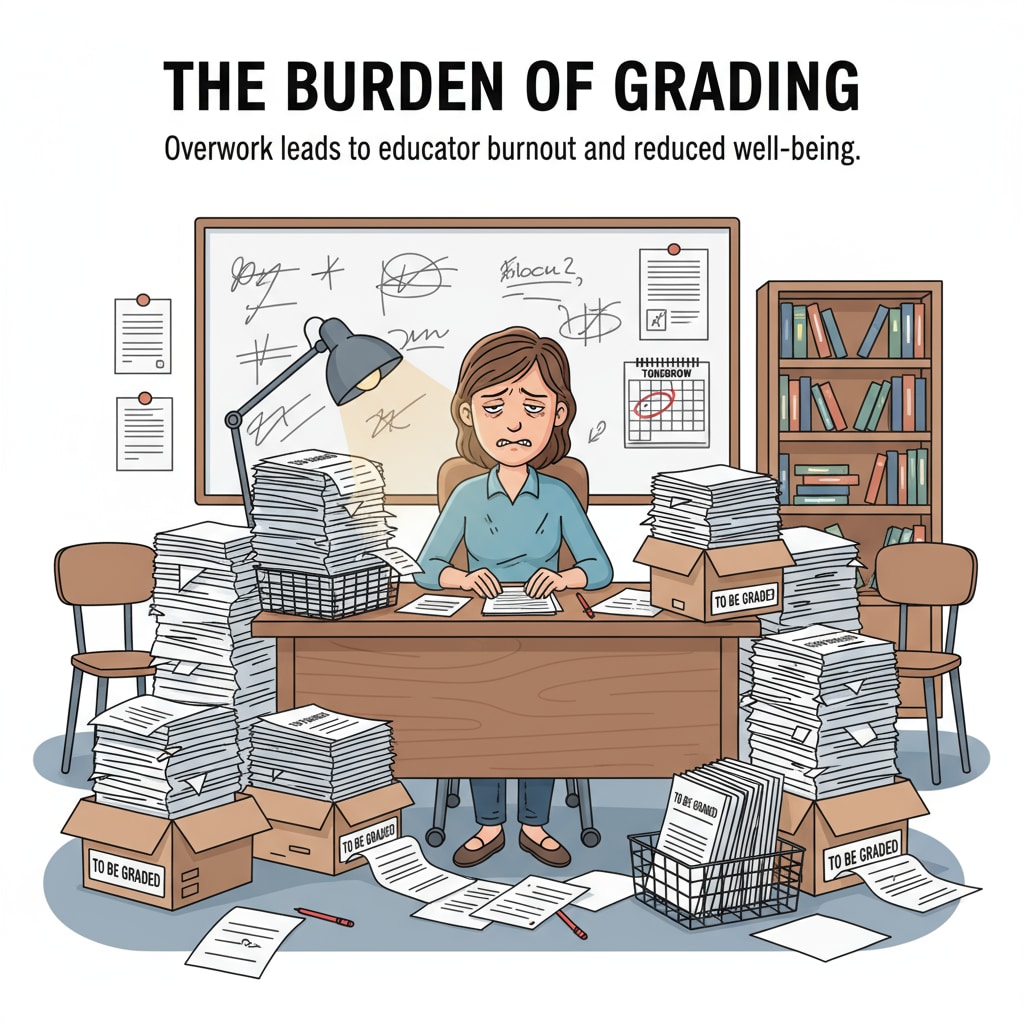 An educator is sitting at a desk, surrounded by piles of papers to grade. There is a stressed expression on their face, indicating the negative impact of overwork on their career. An overworked K12 educator facing career development challenges due to workplace exploitation