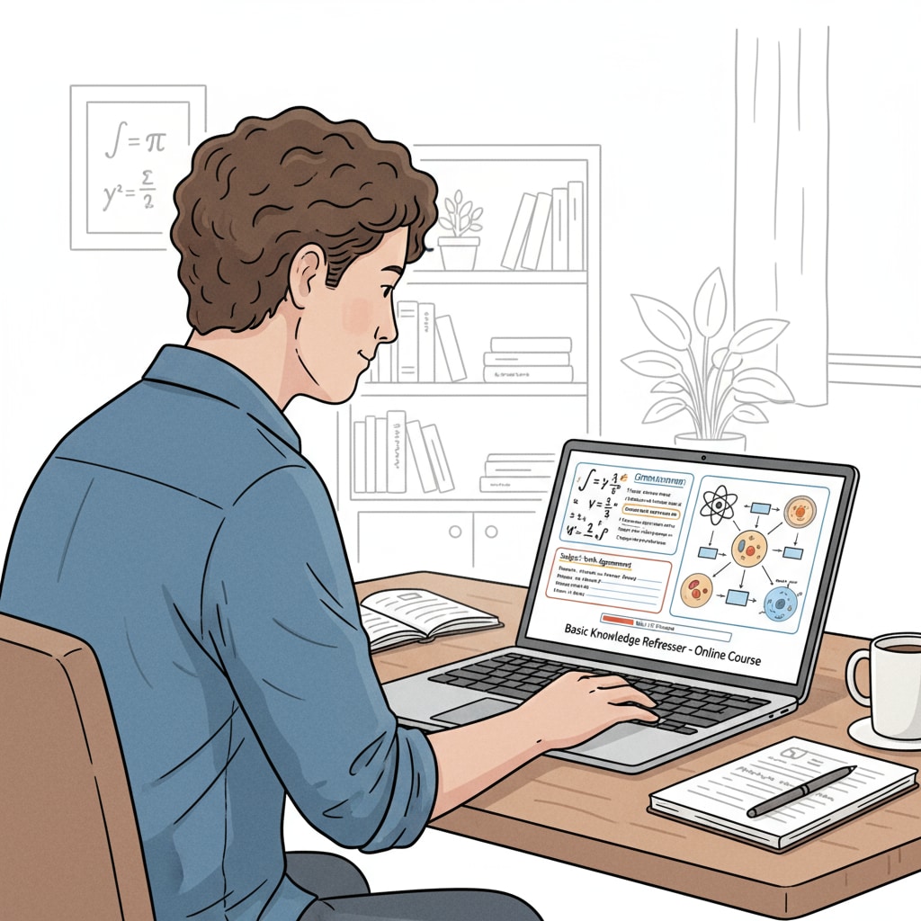 An adult is sitting at a desk, looking intently at a laptop screen that is filled with educational materials like math equations, grammar lessons, and science diagrams, which are all related to basic education review. This represents the use of online education for relearning basic knowledge. Adult using online education for basic education review with possible ADHD considerations