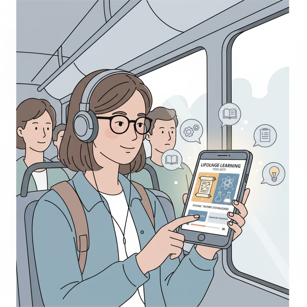 A person is shown listening to a podcast on a mobile device while commuting on a bus. The podcast app on the screen displays educational content such as a timeline of historical events, an explanation of scientific theories, or grammar tips, which are all relevant to basic education. This depicts podcasts as an educational tool for adults. Person using a podcast for basic education review, potentially benefiting ADHD individuals