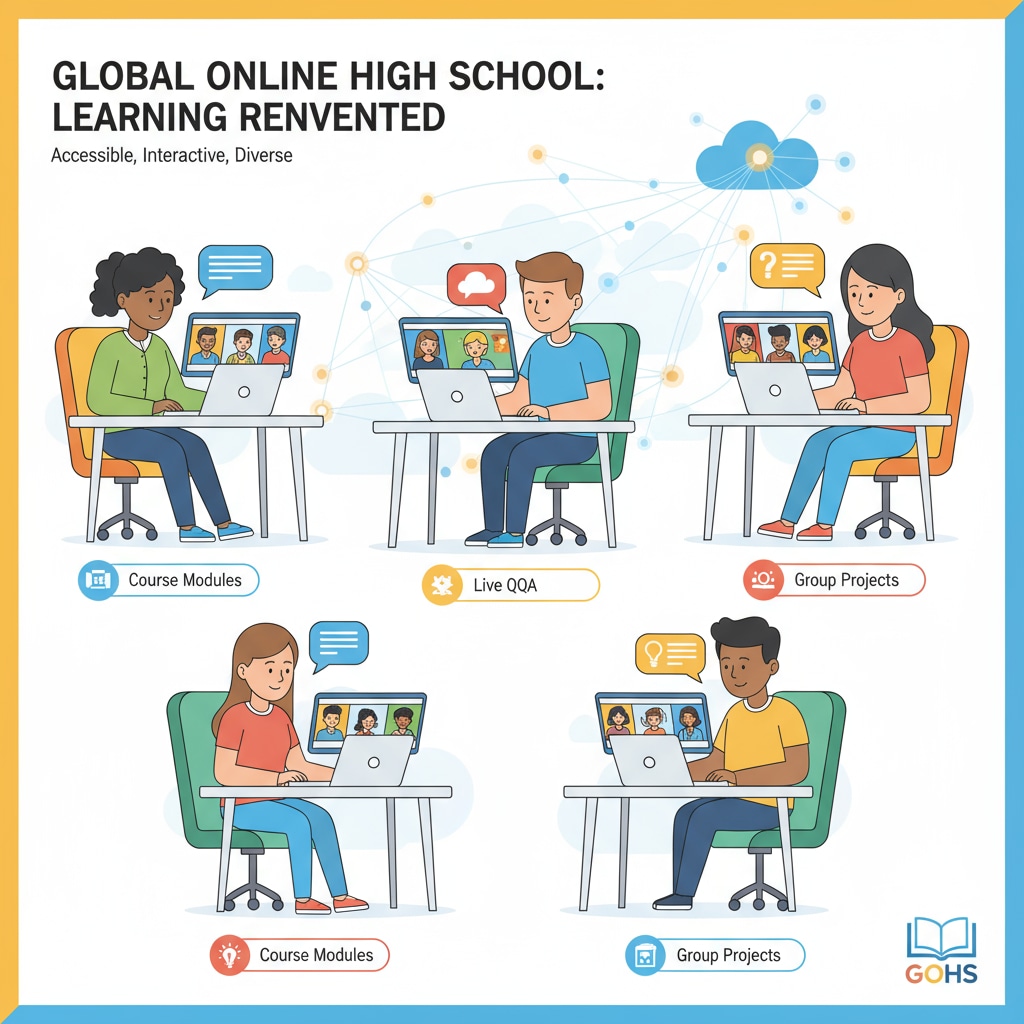 An illustration depicting students of different ages and backgrounds actively participating in online high school courses, with laptops open and engaging in virtual classrooms. Students engaged in online high school learning related to online high school, credit requirements, and high school diploma