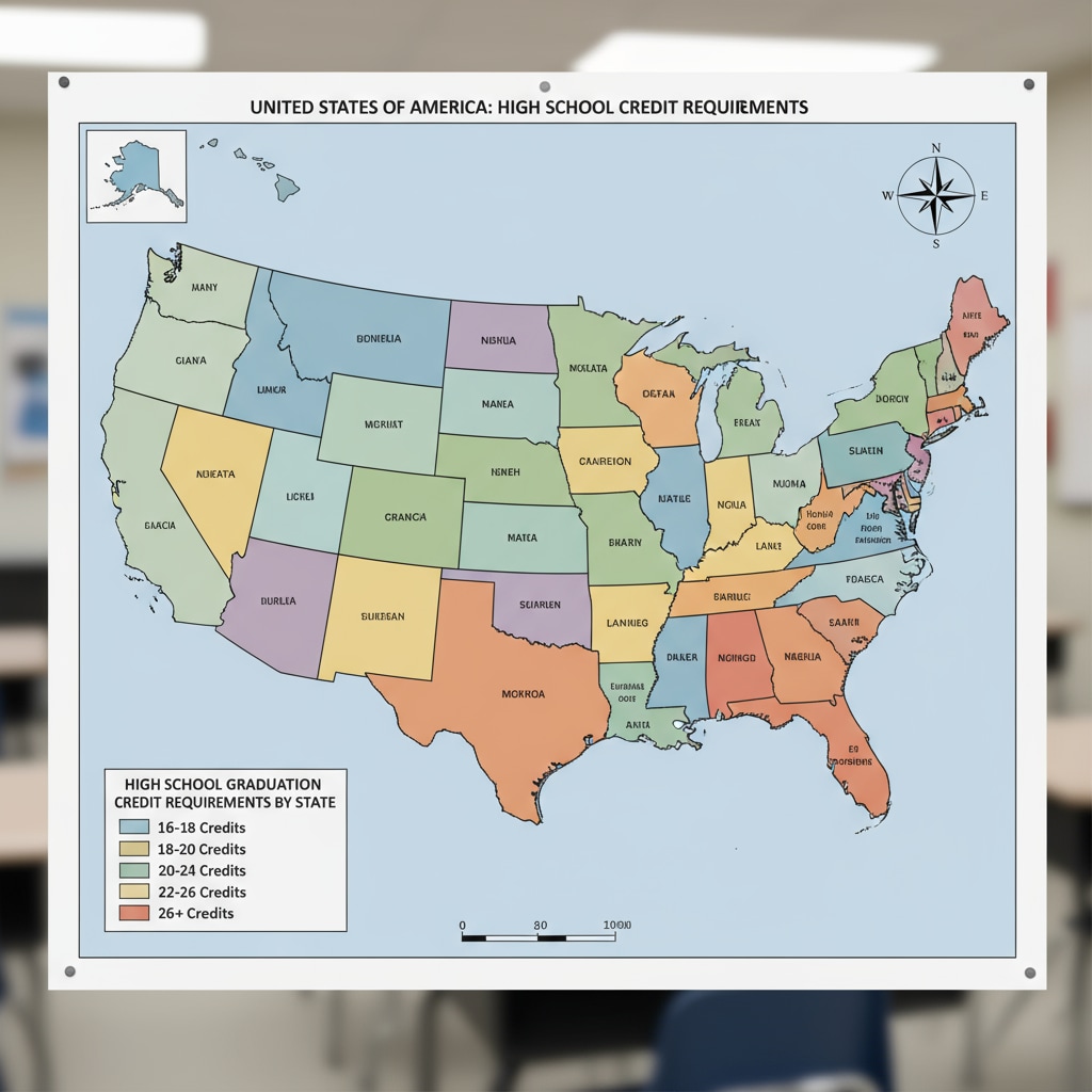 A detailed map highlighting different regions of the country with varying colors to represent the diverse high school credit requirements in each state. Map showing high school credit requirements across states relevant to online high school, credit requirements, and high school diploma