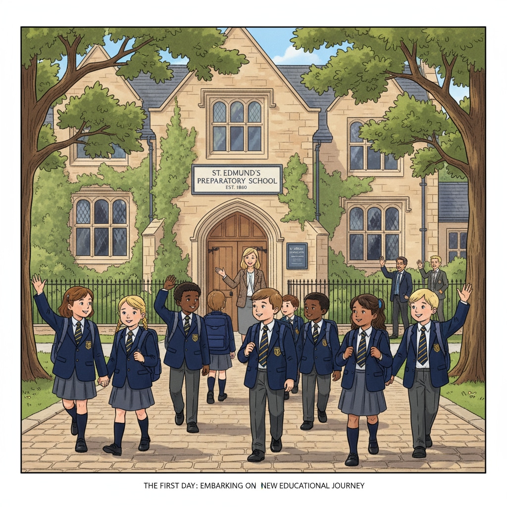 A group of young students in uniforms walking into a UK private primary school building, representing the start of their educational journey in a private institution. Students entering a UK private primary school related to scholarships and education