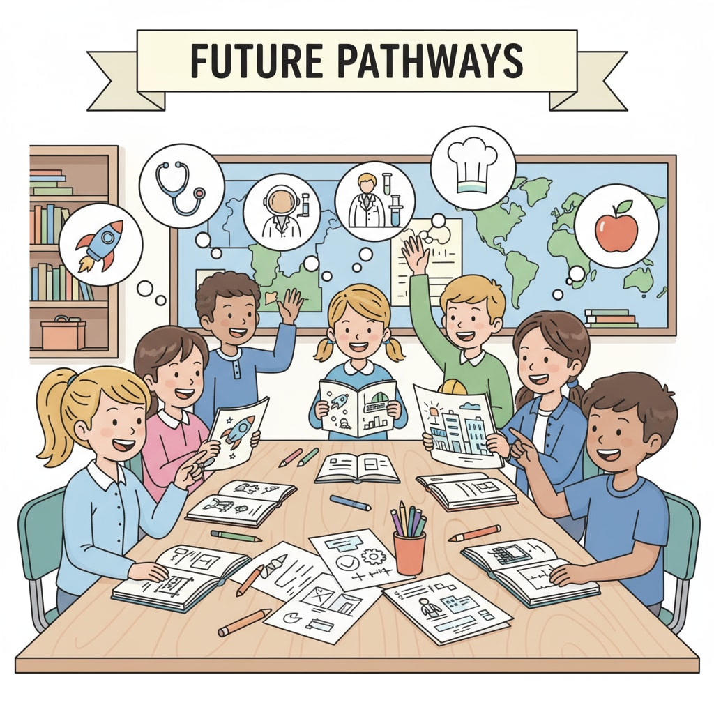 A group of K12 students are gathered around a table, animatedly discussing their future career plans. Some are holding notebooks with drawings and ideas related to various professions. K12 students discussing career choices related to father-son conflicts and military careers