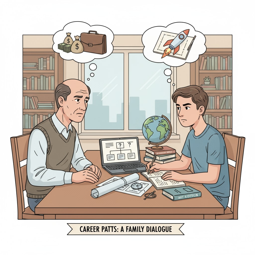 A father and son are sitting across from each other at a dining table. Their expressions are serious as they engage in a conversation about the son's future career, with the father looking concerned and the son looking determined. Father and son having a conversation about career choices involving military careers