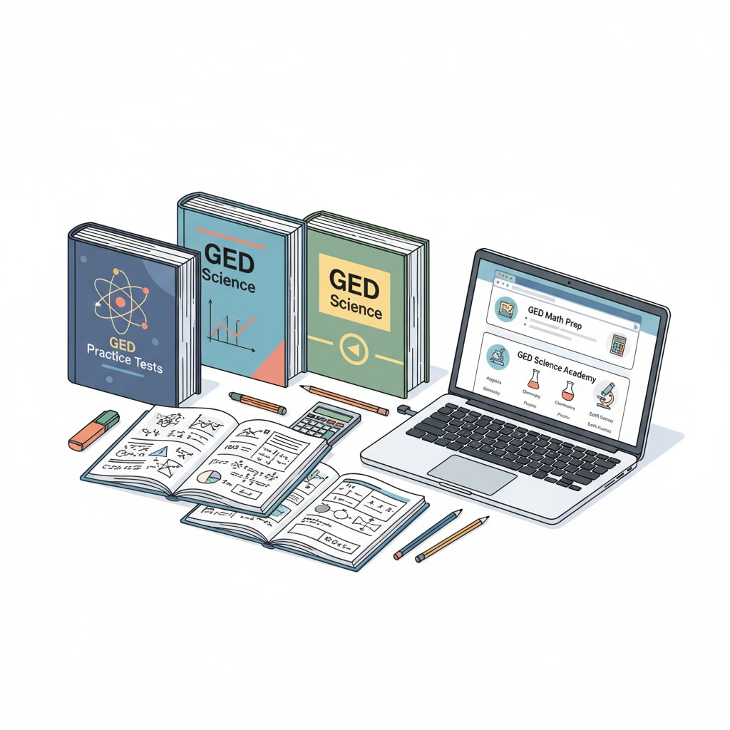 A group of study materials including textbooks, workbooks, and a laptop screen showing GED math and science learning websites. GED math and science study resources