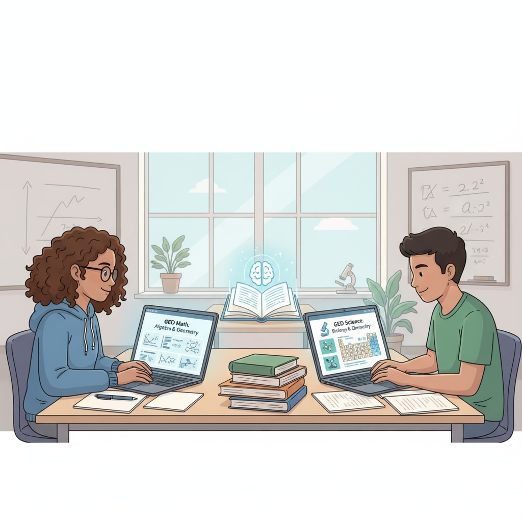 Two students sitting at desks, focused on their laptops, accessing online GED math and science learning platforms. Students using online GED math and science resources