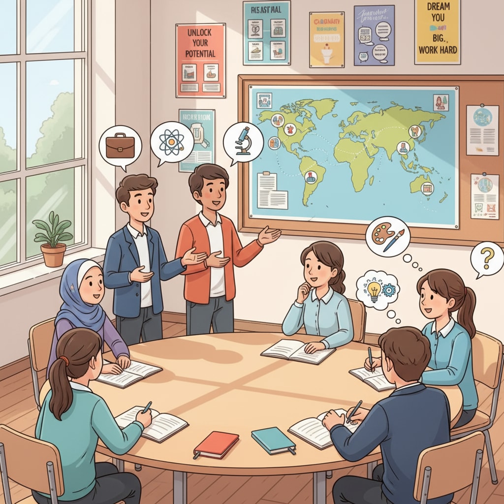 A group of students are engaged in a discussion about their future career paths in a classroom setting, with some students sharing their thoughts and others listening attentively. Students discussing dream jobs, career planning, and employment concerns in a classroom