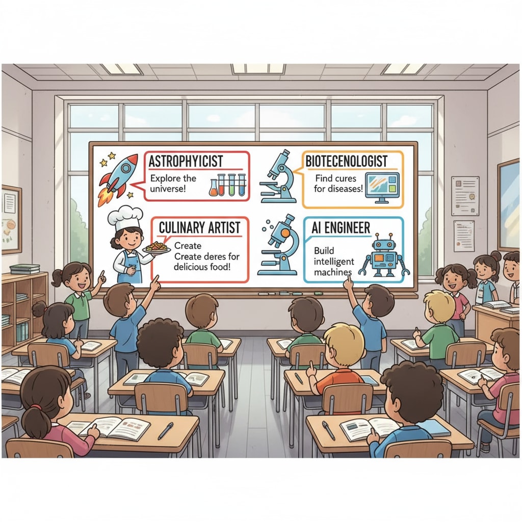 Students are actively presenting their ideas about their dream jobs on a classroom board, with colorful drawings and explanations. Students presenting their views on dream jobs, career planning, and employment concerns on a classroom board