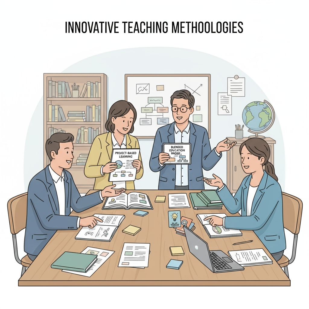 A group of teachers are sitting around a table, discussing and sharing ideas about innovative teaching methods. They are looking at some teaching materials and using gestures to express their thoughts. Teachers discussing innovative teaching methods for student engagement in K12 courses