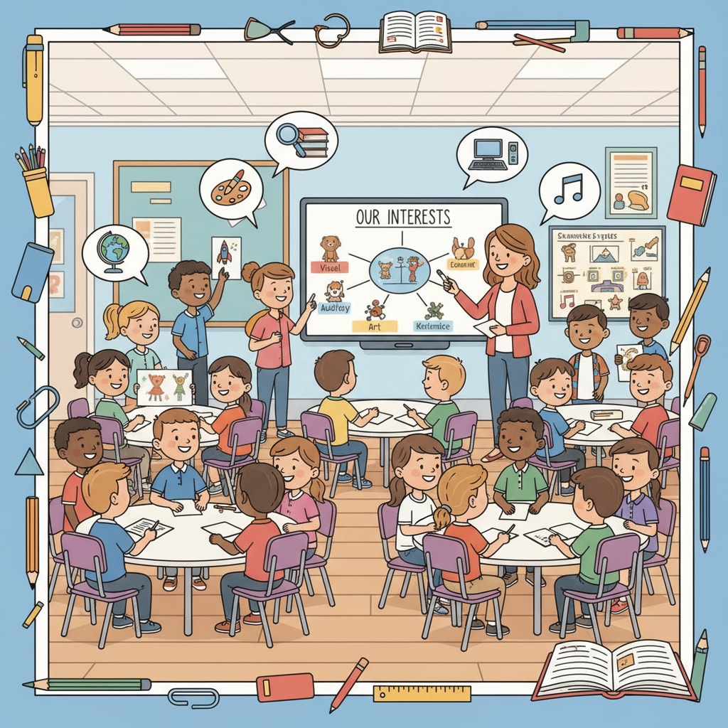 Students are gathered in a classroom, actively sharing their interests and learning preferences with each other and the teacher. They are smiling and seem enthusiastic. Students sharing their interests and learning preferences for K12 innovative courses