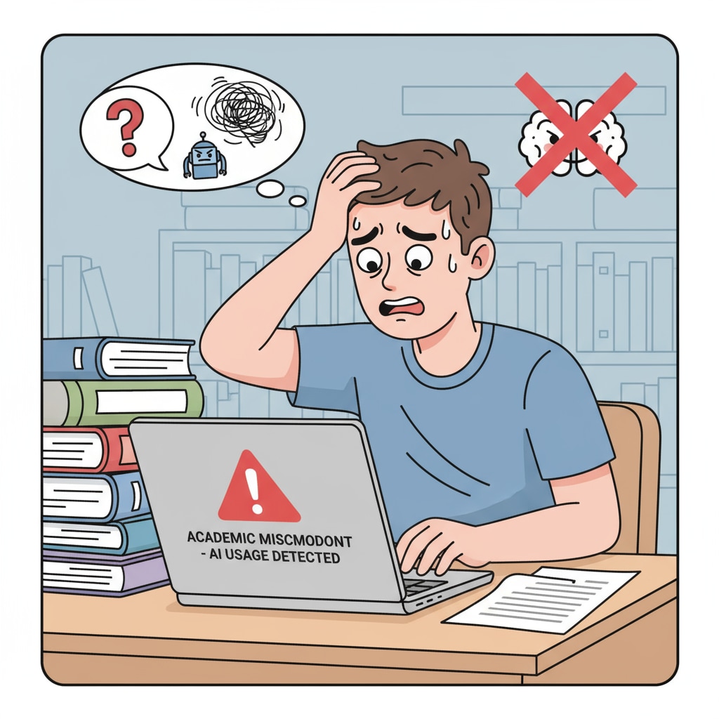 A student looking worried while sitting at a desk with a laptop, representing the stress of being falsely accused of using AI in university A worried student facing false accusations of AI use in university