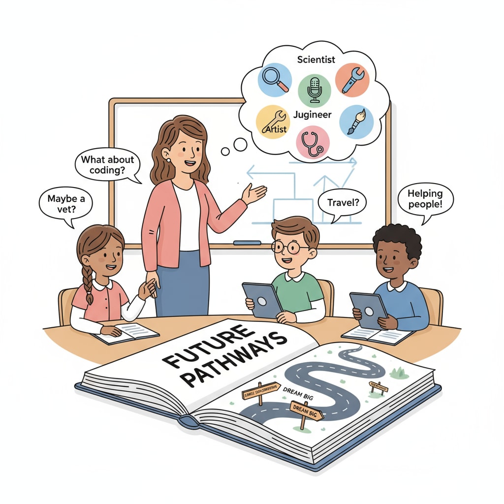 Students are engaged in a discussion about their future career choices within a classroom setting, highlighting the importance of early exploration. High school students discussing major selection and career planning in a classroom