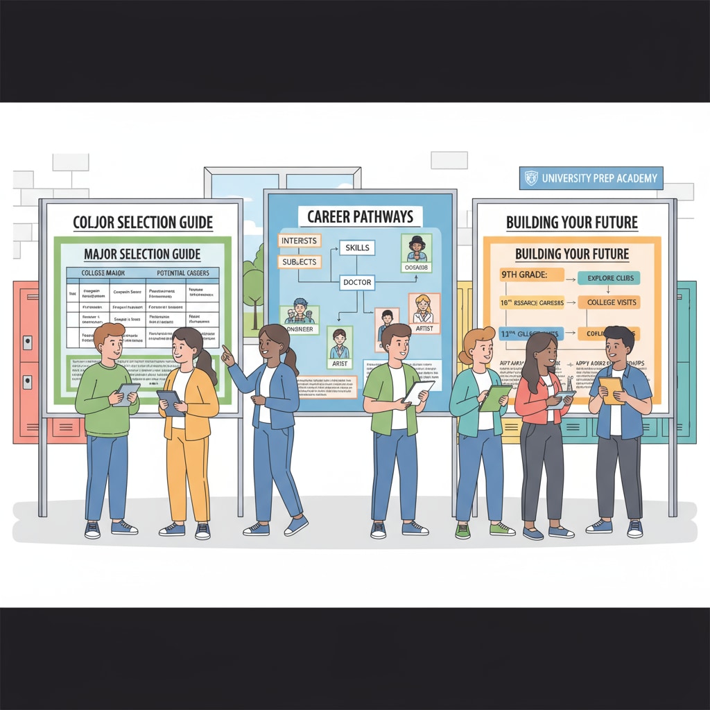 Students are looking at career information boards, which could potentially help them in their career awareness and major selection processes. Students exploring career information boards for career planning and major selection