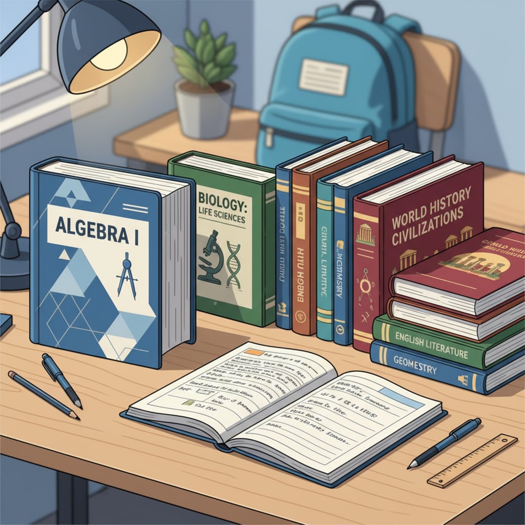 A collection of high school workbooks neatly arranged on a study desk, showing different covers related to various subjects including algebra. High school workbooks for basic knowledge review including algebra