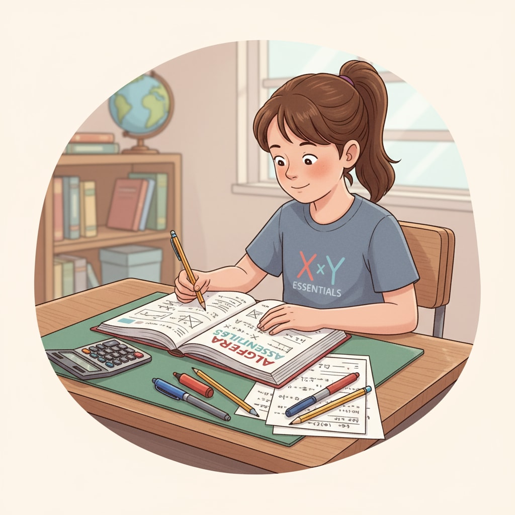 A student sitting at a desk, carefully reviewing an algebra workbook, with pens and papers beside. Student reviewing an algebra workbook for high school basic knowledge