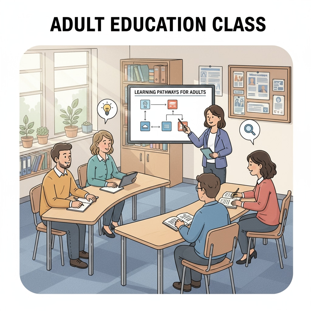 Adults studying in a classroom for high school diploma through adult education with free education resources.