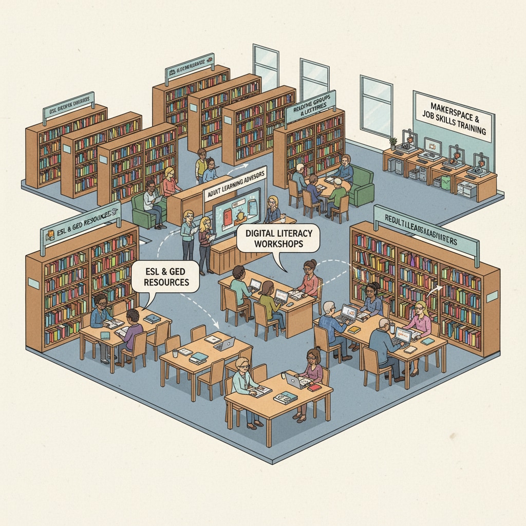 Adults using library resources for high school diploma in adult education with free education resources.