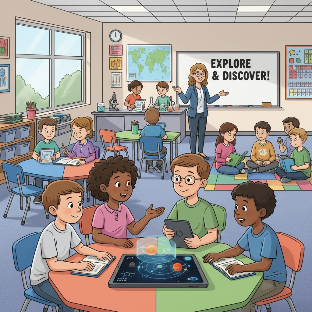 A group of students in a modern K12 classroom, actively engaged in learning activities. The students are interacting with each other, asking questions, and exploring various learning materials. Students in a K12 classroom engaged in learning, related to education, lifelong learning, and success