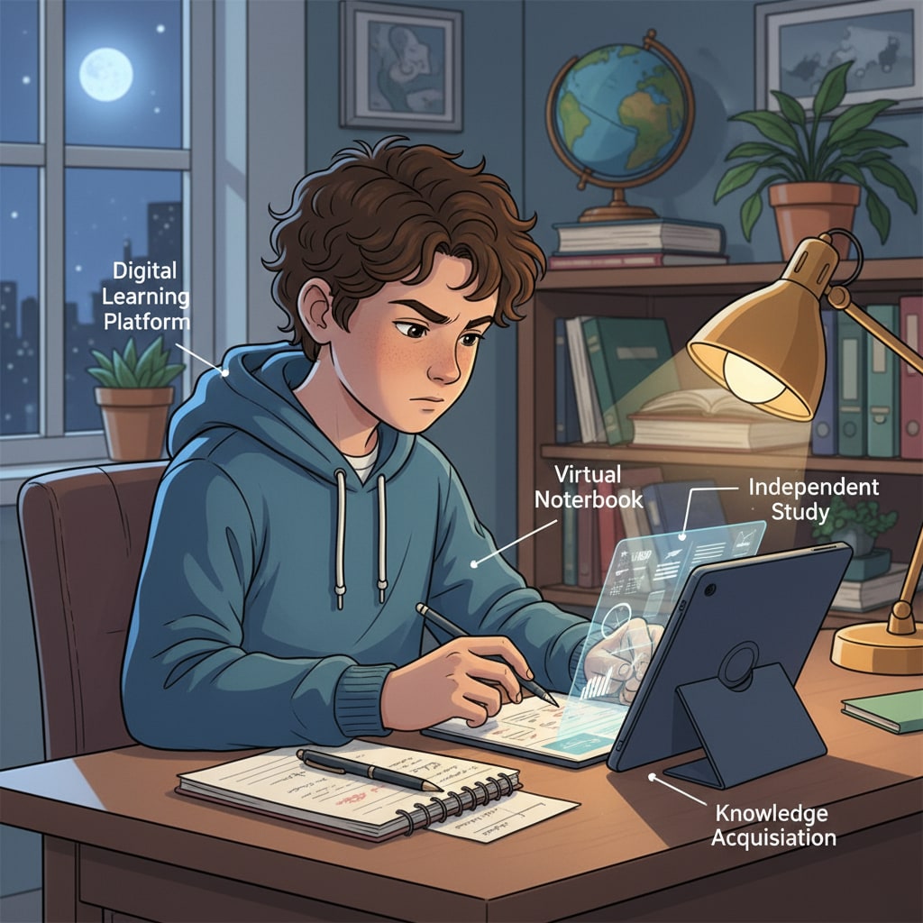 A student using a digital device to learn new knowledge outside of school. The student is sitting at a desk, concentrating on the screen, and taking notes. Student using digital device for learning outside school, associated with education, lifelong learning, and success