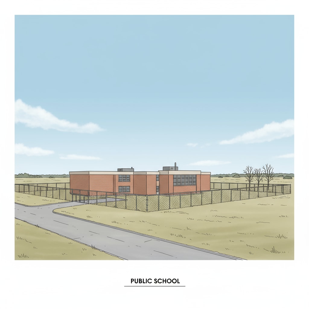A public school building stands alone, and there are no obvious signs of interaction with the surrounding community, showing a sense of isolation. A picture depicting the isolation of a small town public school from the community, related to school independence and community separation in youth programs.