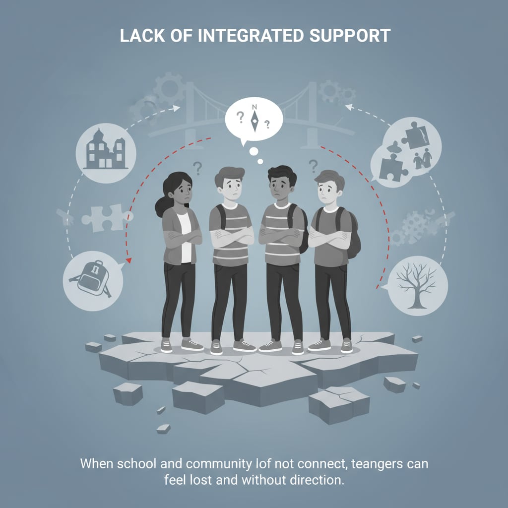 A group of teenagers look a bit lost, as the environment around them lacks the integrated support from both school and community. Teenagers in a state of lacking support from a united school - community environment, relevant to school independence, community separation, and youth programs.