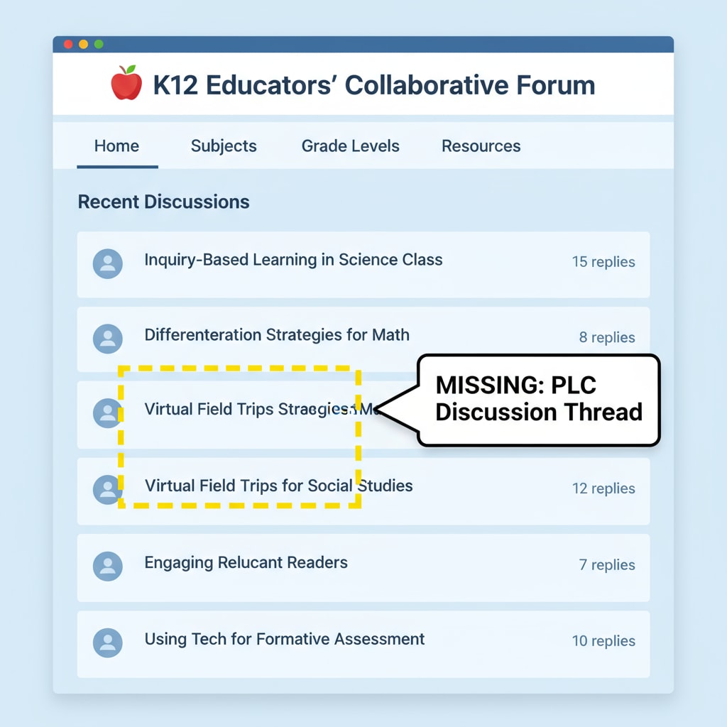 A screenshot of a K12 educational forum page where a post related to PLC discussion is missing, with a highlighted area showing the absence. Screenshot of a K12 educational forum with a missing PLC-related post