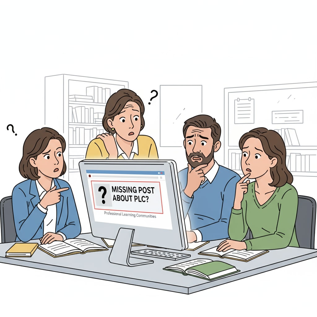 A graphic showing a group of educators sitting around a computer, looking puzzled as they see a missing post about PLC on the screen. Image of educators confused about a missing PLC-related post