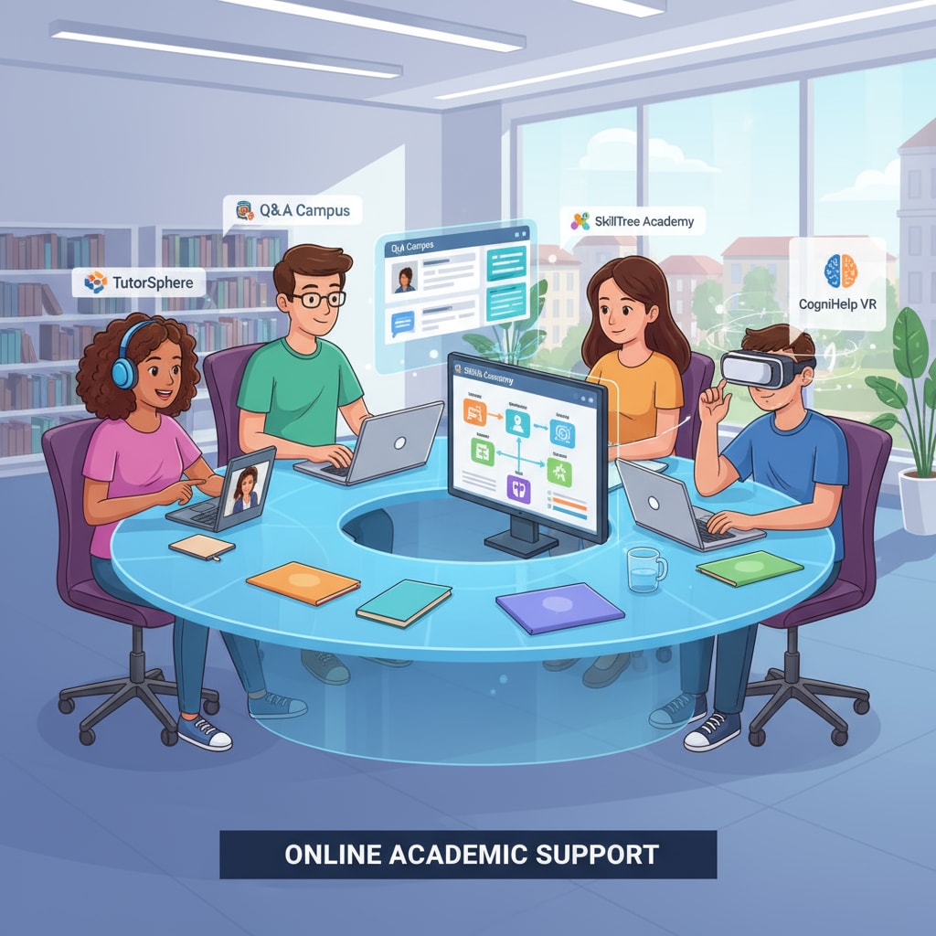 An illustration showing students actively using different online learning platforms to seek academic assistance. Students using online platforms for academic help in the context of Brainly alternatives for autism learning difficulties