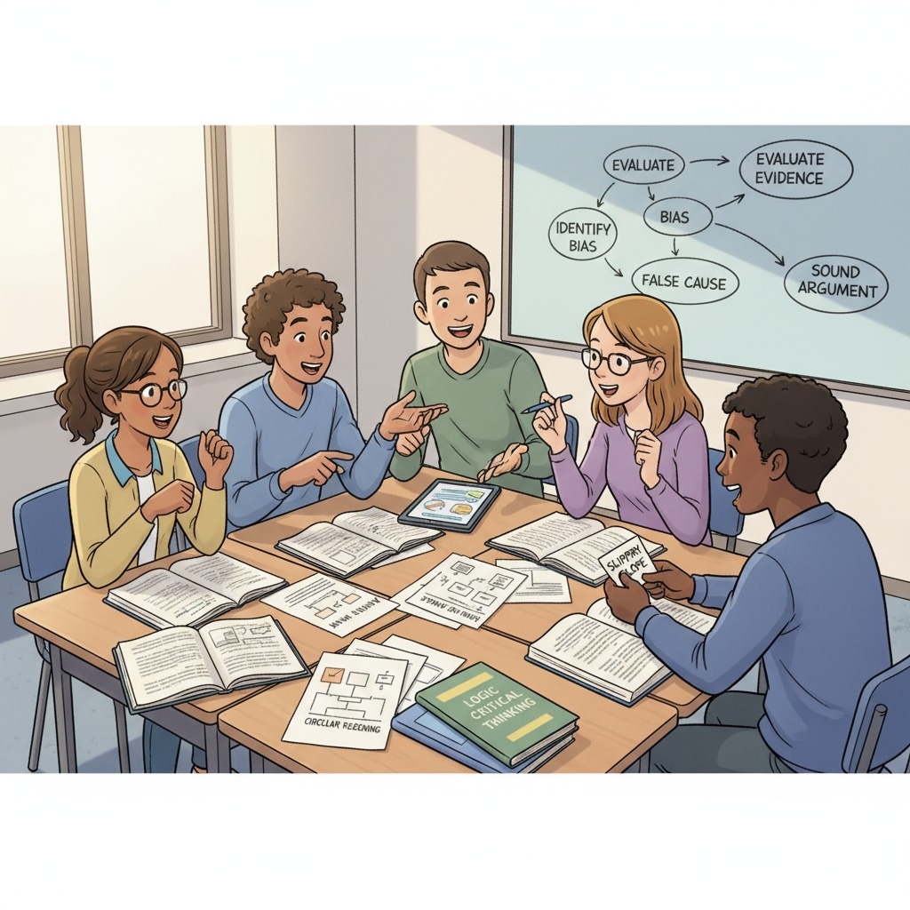 A group of high school students engaged in a lively discussion in a classroom setting, with textbooks and papers scattered on the desks, indicating an intellectual exchange related to logical fallacies and critical thinking. High school students discussing logical fallacies and critical thinking