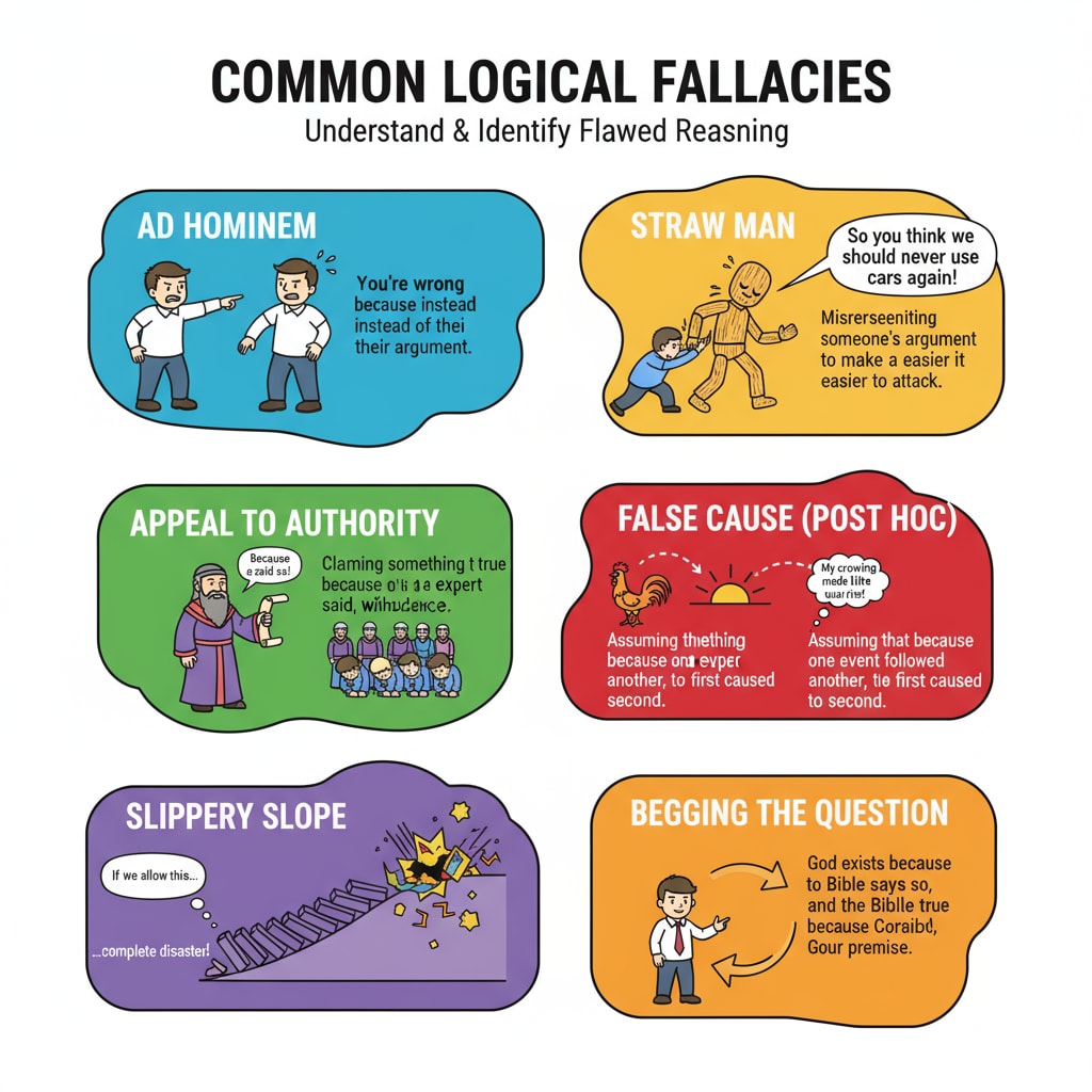 A colorful infographic showing various types of logical fallacies, with clear labels and simple explanations for each fallacy, designed to enhance understanding of these concepts. Visual representation of different logical fallacies for better understanding