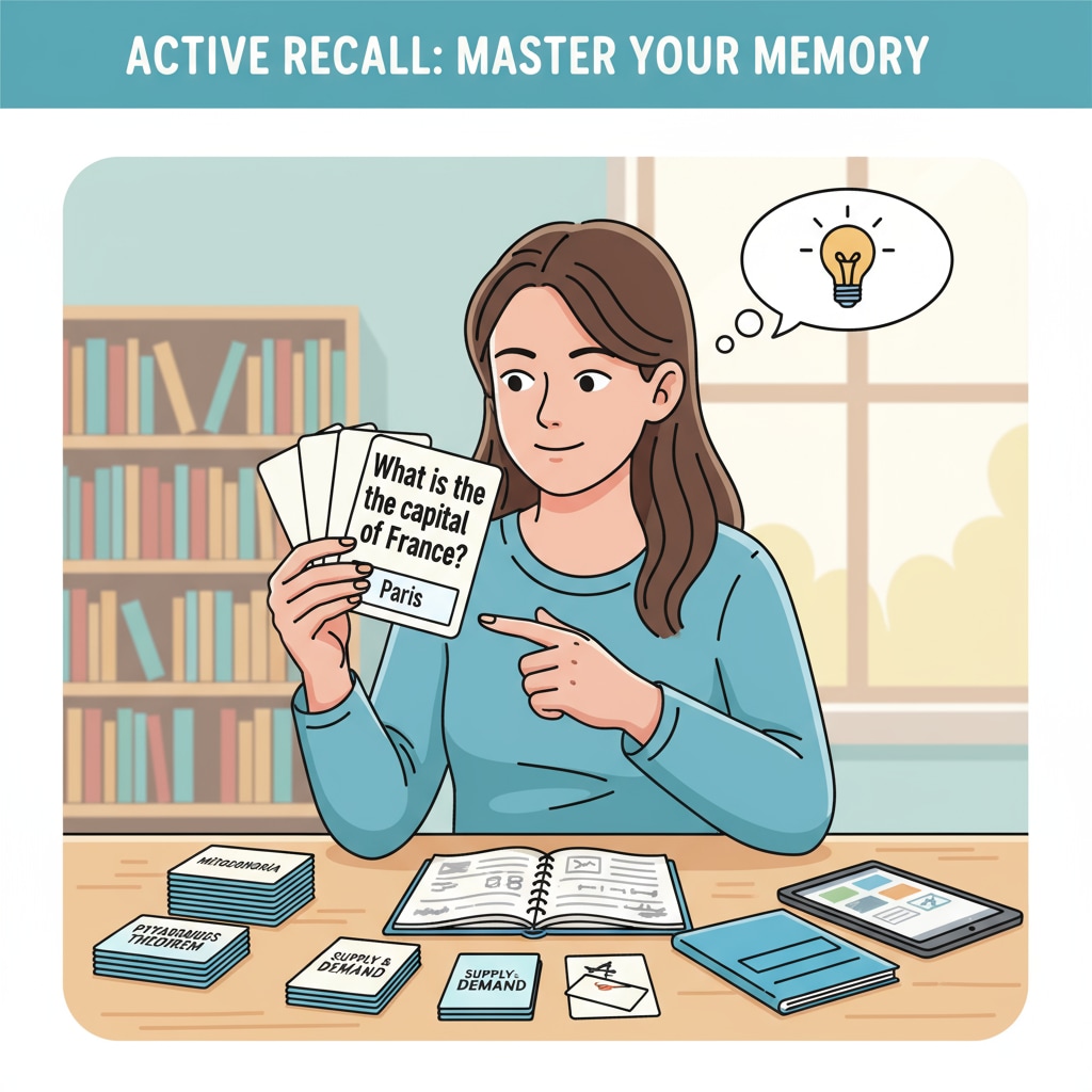 A student using flashcards for active recall during study Student engaged in active recall using flashcards