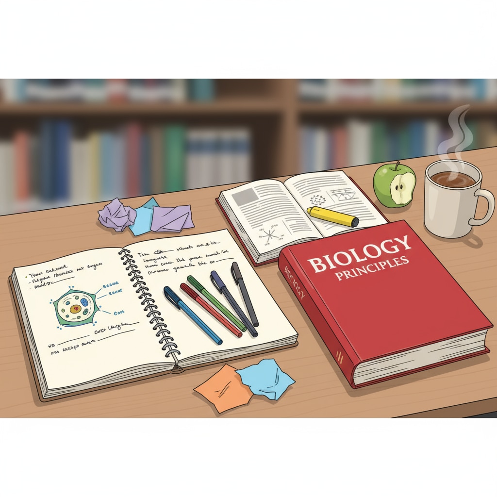 A student is sitting at a desk, concentrating on a book with an open notebook beside. There are colorful pens and papers, showing a dedicated self-education moment. A student engaged in self-education to improve high school performance and enhance quality of life