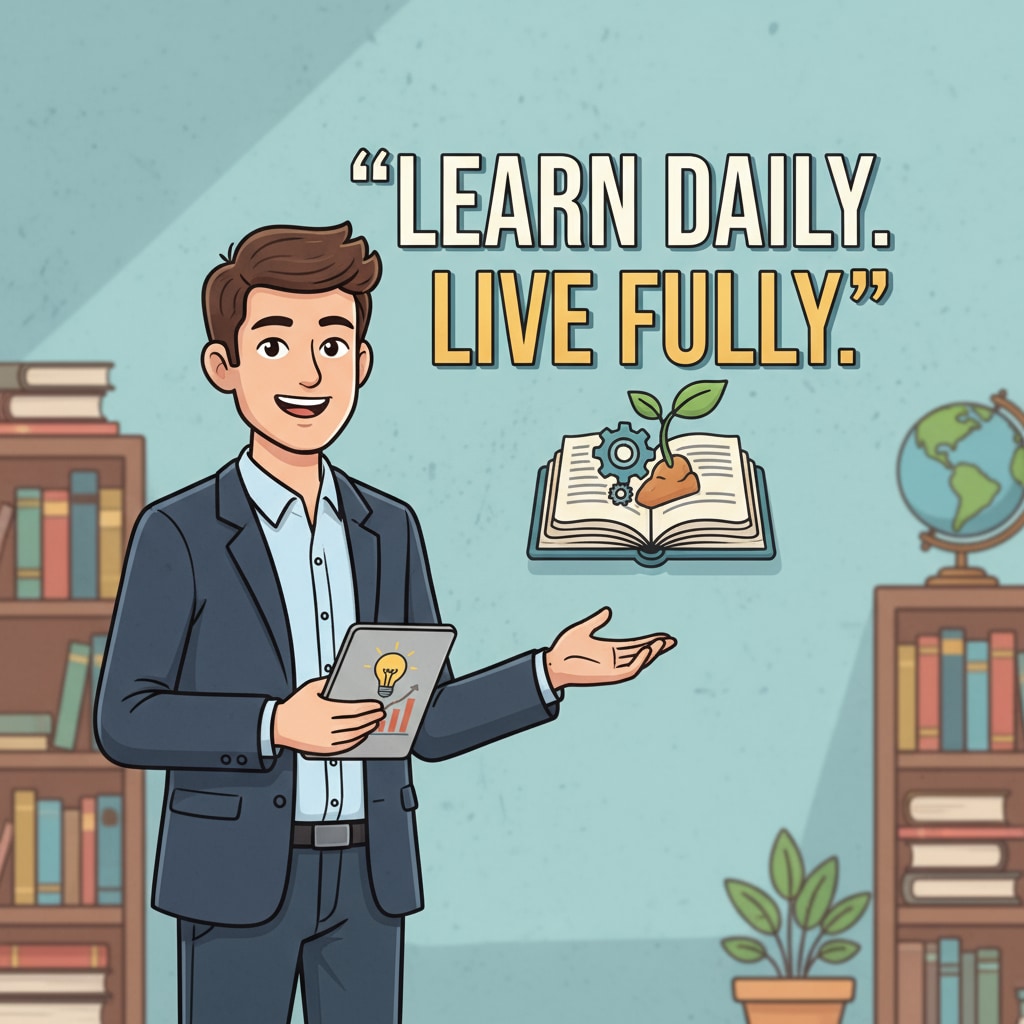 A person is standing in front of a wall with a positive quote written on it. The person has a big smile, representing a positive mindset for self-education and better quality of life. A person with a positive mindset towards self-education for high school performance improvement
