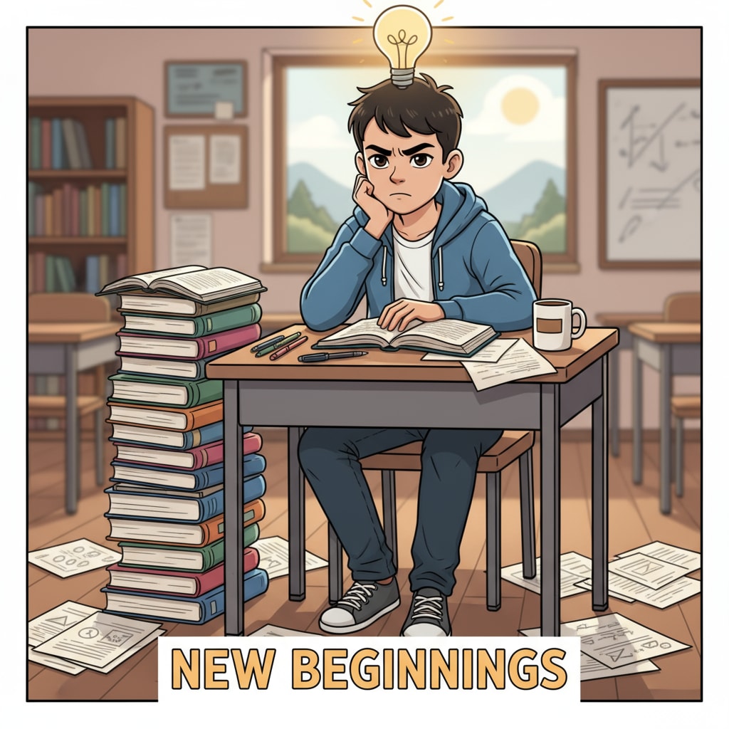 A student sitting at a desk, looking determined with books and papers around, ready to restart their learning journey. A determined student ready to restart learning journey related to high school performance, educational remedy, and key skills