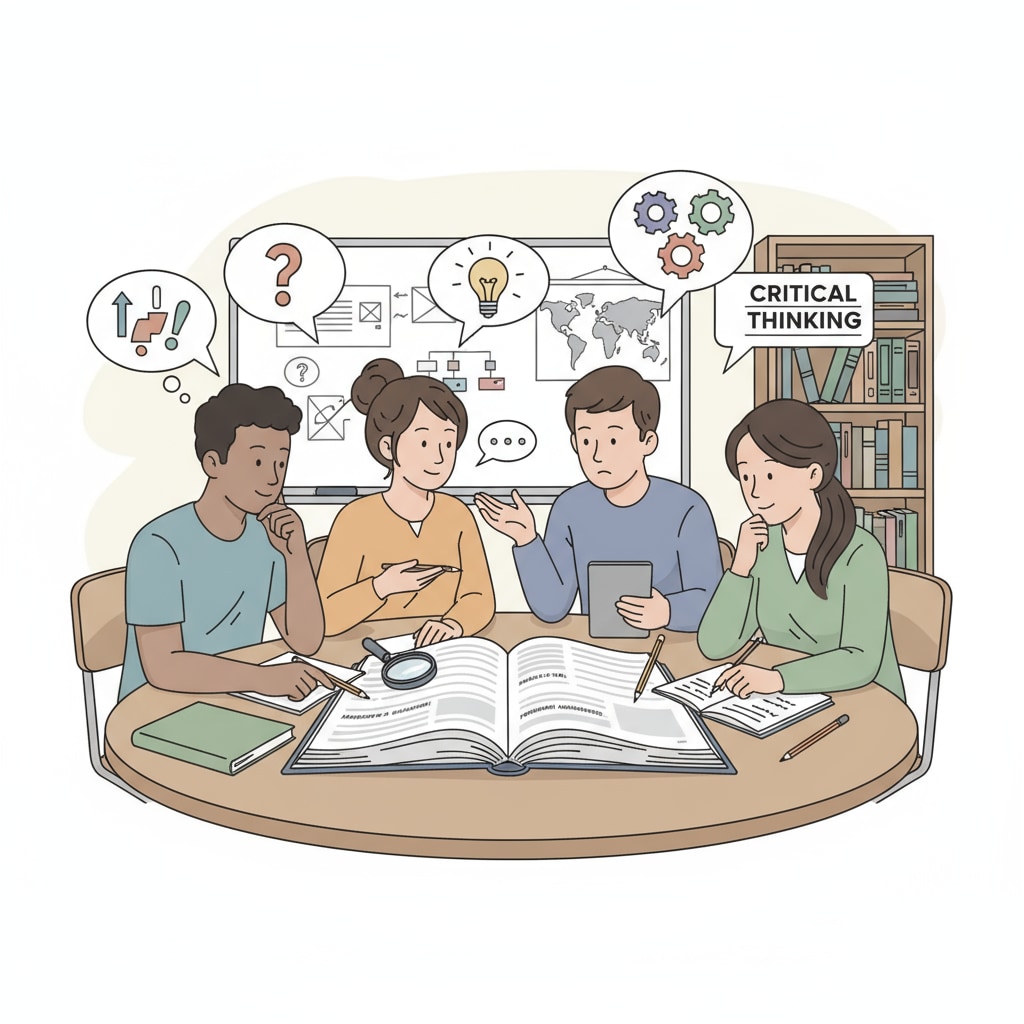 A group of students discussing and analyzing a text, demonstrating critical thinking skills. Students demonstrating critical thinking skills relevant to high school performance, educational remedy, and key skills