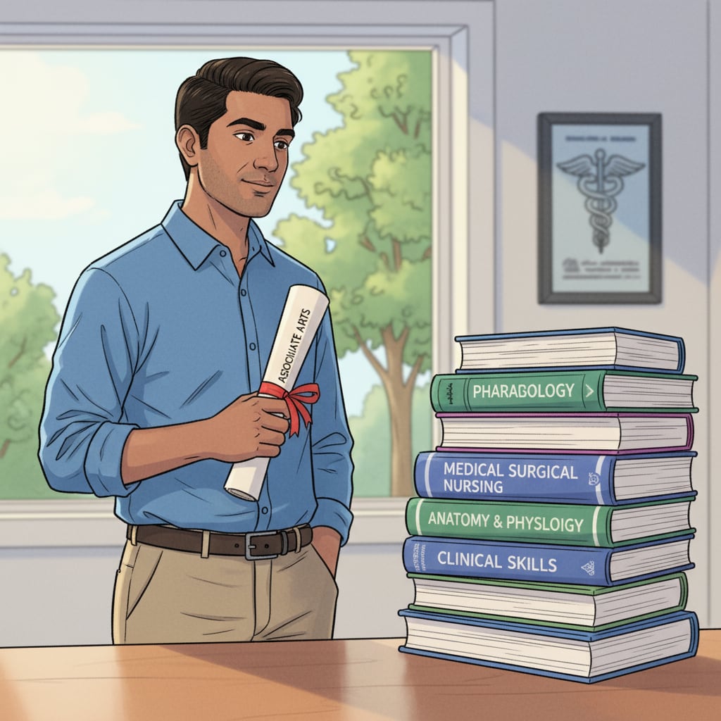 An associate degree holder looking at nursing textbooks
