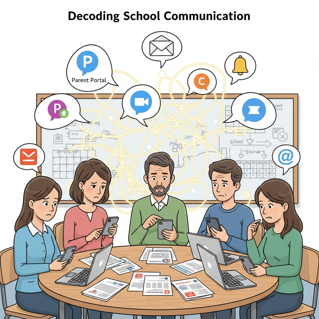 A group of parents sitting around a table, looking at their phones with confused expressions as they try to navigate different school communication channels. Parents facing difficulties in managing school communication due to information overload and fragmentation in school portal systems.