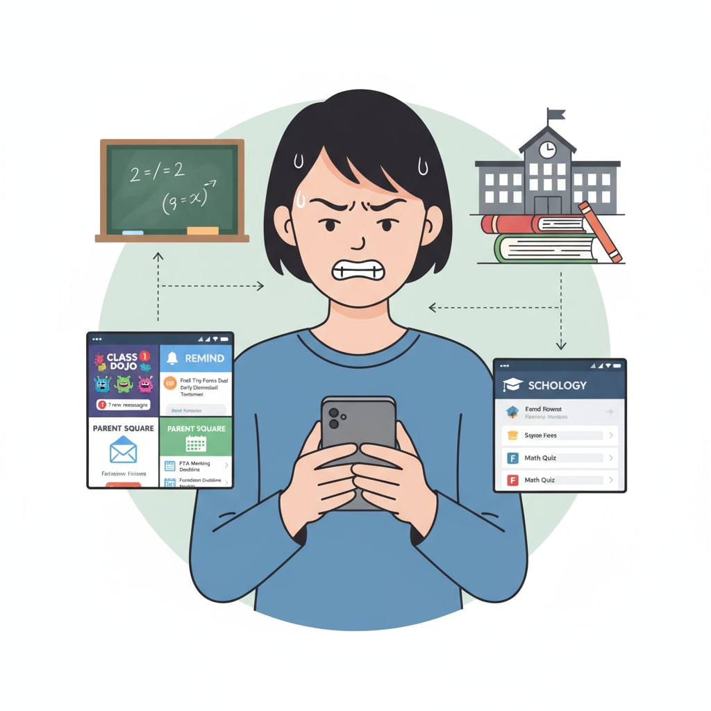 A person holding a mobile phone with multiple apps related to school communication open, looking frustrated. Representation of parents struggling with information fragmentation in school-parent communication and information management.