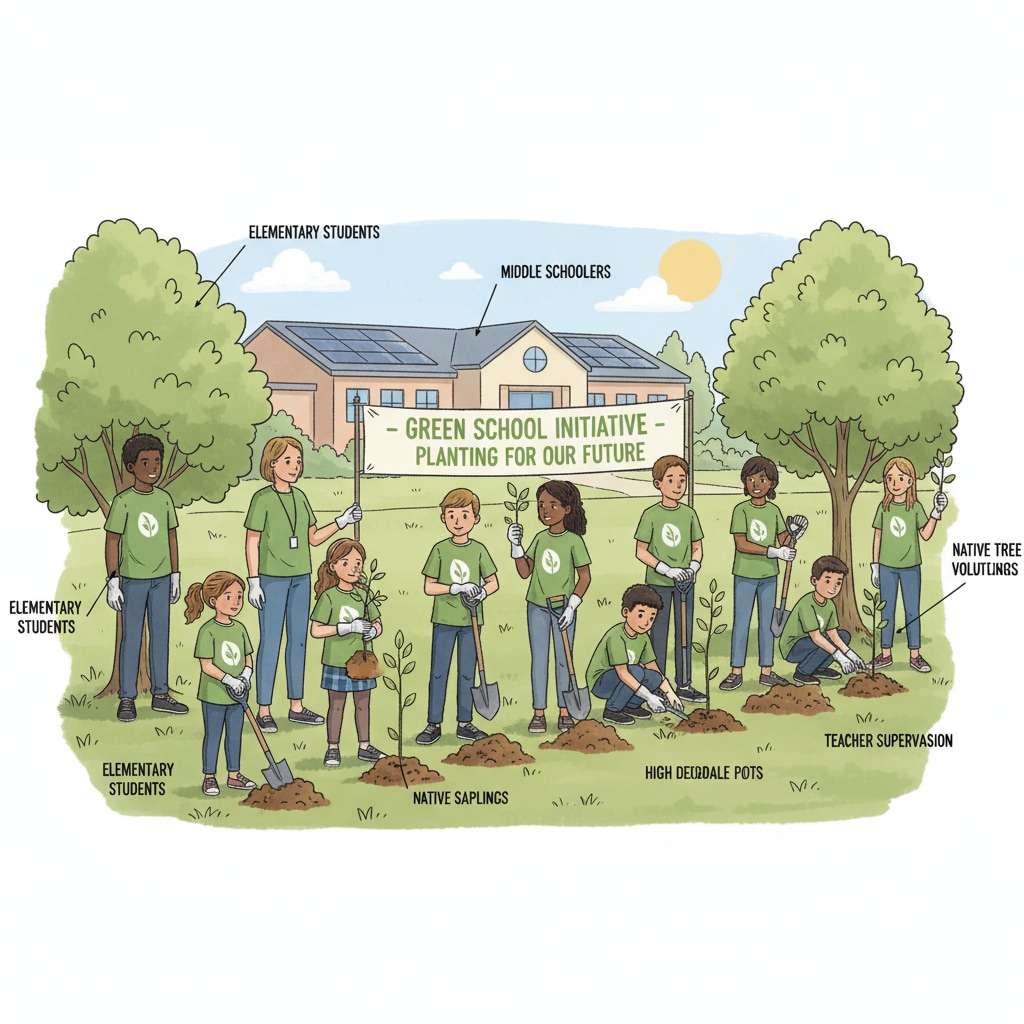 A group of K-12 students are actively involved in an environmental protection activity organized by their school. They are planting trees, showing their enthusiasm for environmental protection. K-12 students participating in environmental protection activity related to protection education for social change