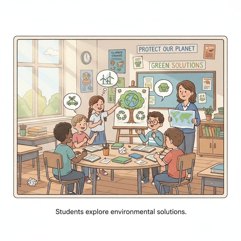In a K-12 school classroom, students are engaged in a lively discussion about social issues related to environmental protection. They are sharing their ideas and perspectives. K-12 students discussing social environmental protection issues as part of protection education for social change