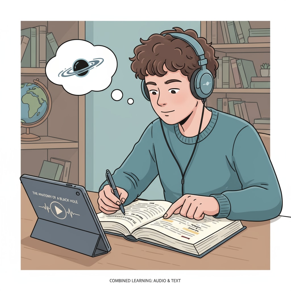 A student is listening to an audiobook while following along with a printed text, demonstrating how audiobooks can be used in conjunction with traditional reading materials. A student using an audiobook for Chinese language learning to enhance reading fluency